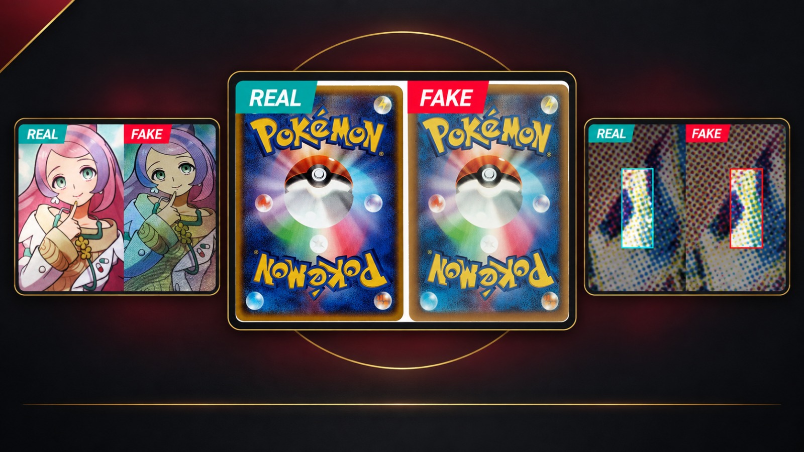 Comparaciones de cartas Pokémon auténticas y falsas en reverso, impresión y detalle de trama