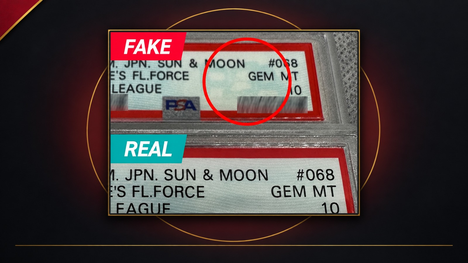 Comparación de etiquetas de un slab PSA falso y uno auténtico de una carta Pokémon